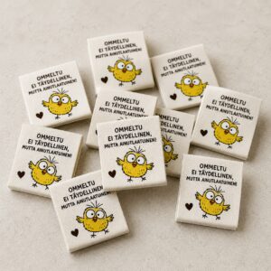 Ompelumerkki: "Ommeltu, ei täydellinen.. " (50kpl)